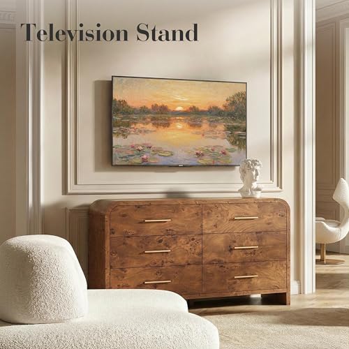 Image of Curved 6-Drawer Dresser for Bedroom, 54 inch Wide Modern Chest of Drawers, Vanity Desk TV Stand for Living Room, Closet Storage Drawers Organizer Furniture, Nursery, Dark Burl