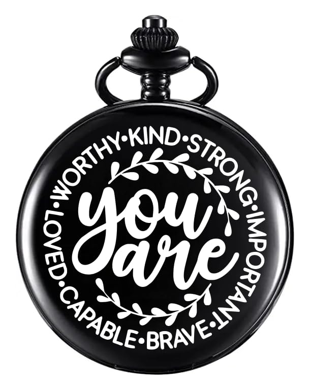 Image of Vintage Gandhi Style Pocket Watch with Engraved Designs & Messages Royal Black Analog for Men Women & Kids Includes Key Ring for car or Bike Keys Ideal Gift