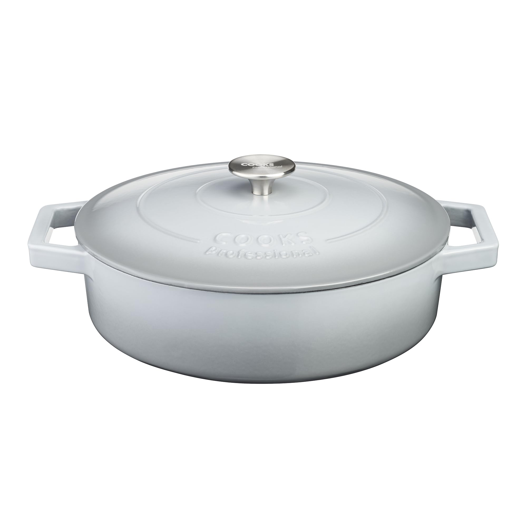 Cooks Professional 28cm Cast Iron Shallow Casserole Dish 4.3L with Lid & Handles | Colourful Modern Enamelled Cooking Pan Pot | Suitable For All Hobs Inc Induction | Oven & Grill Safe | Grey