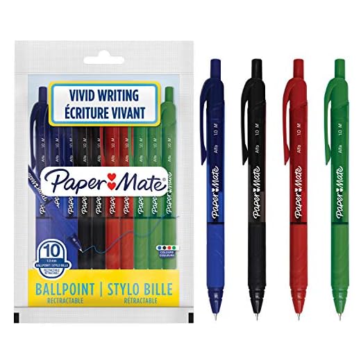 Paper Mate Stylos à bille Alfa rétractable | Pointe moyenne (1,0 mm) | Encre assorties | Lot de 10