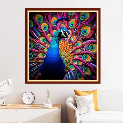 Image of Disxvivy Cross Stitch Stamped Full Embroidery Kits DIY 11CT Cotton Thread Printed DIY Needlepoint Kits Craft Needlework Set Cross-Stitch Stamped Sets-Colorful Peacock 18x18 inch