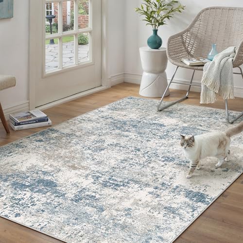 PureCozy Blue 3x5 Area Rug Washable Abstract Office Carpet Modern