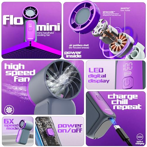 Image of Dubstep Flo Mini Handheld Fan | SPINCORE Technology | 6 Speed Levels | LED Display | USB-C Rechargeable | 104g Portable Cooling Fan for Travel, Home & Outdoor Use (Purple & Grey)