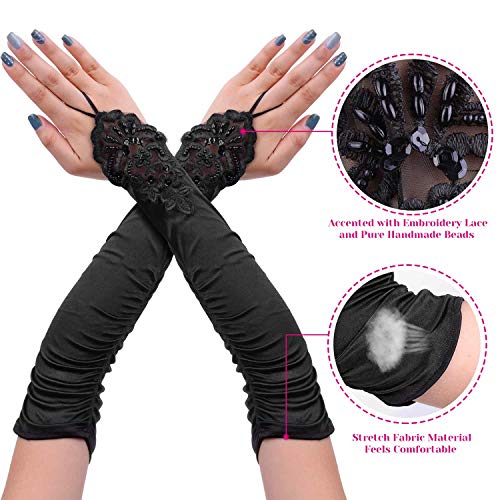 cridoz Flapper Accessories, 1920s Gatsby Accessories for Women Includes Flapper Headbands Necklace Gloves Black - Thumbnail 4
