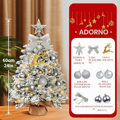 Miniatura 3 de Mini Árbol De Navidad Artificial 60 Cm Con 23 Decoraciones Y Corona De Estrella, Decoración Para Casa O Oficina Con Luces Incorporadas Plata