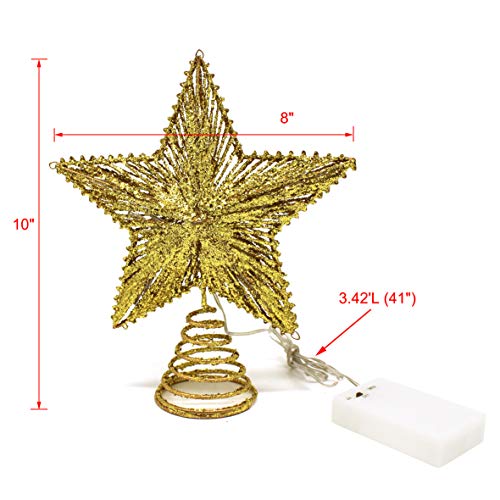 CVHOMEDECO. Gold Glittered 3D Tree Top Star with Warm White LED Lights and Timer for Christmas Tree Decoration and Holiday Seasonal Décor, 8 x 10 Inch - Thumbnail 3