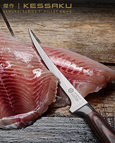 Kessaku Fillet Knife - 7 Inch - Samurai Series - Flexible - Razor Sharp - Forged 7Cr17Mov High Carbon Stainless Steel - Boning, Trimming, Skinning - Wood Handle With Blade Guard #TOP4