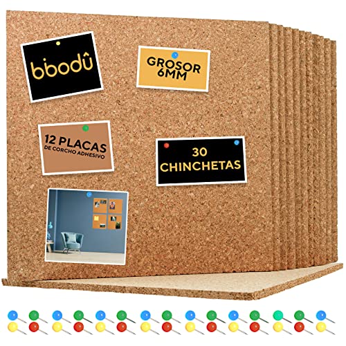 BIBODU Corcho Pared Autoadhesivo | 12 Placas Corcho 30cm x 30cm & 6mm Grosor | Incluye 30 Chinchetas | Corcho Adhesivo Pared para Oficina - Tablon de Notas - Decoracion Pared - Fotos Cover