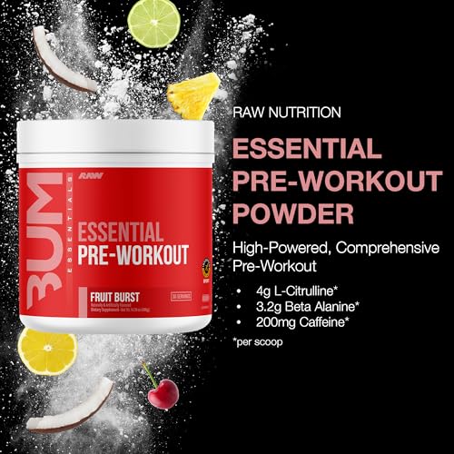 Image of RAW Essential Pre-Workout Powder (Fruit Burst) - Chris Bumstead Sports Nutrition Supplement for Men & Women - Preworkout Energy Powder with Caffeine, L-Citrulline, L-Tyrosine, & Beta Alanine Blend