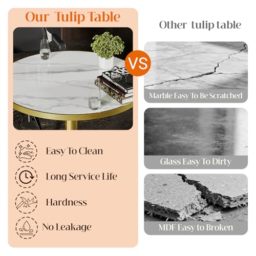 Image of 31.5 inchTulip Table, Sintered Stone Small Round Dining Tables&Metal Edge&Base | Small Modern Circle Dining Table for 2-4 Person ,Bistro Tables for Dining Room /Kitchen /Restaurants /Small Spaces /Marble White