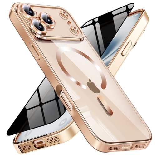 Image of Magnetic for iPhone 17 Pro Max Case with Privacy Screen Protector & Full Camera Cover,[Non-Yellowing] Shockproof Clear Phone Case Compatible with MagSafe Women Girls for iPhone 17 ProMax,Gold