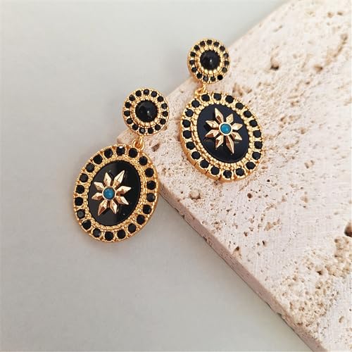 Generic French Vintage style Women's Gold Plated Octagrams Drop Earrings with Black Cubic Zirconias and Green Turquoise Stones, Black Color Base3