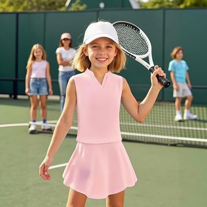 Girls Tennis Outfit Kids Golf Dress Athletic Skirts with Pockets Polo Tank Top Sets - Image 2