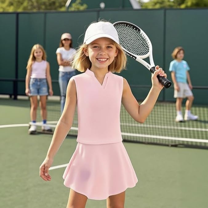 Girls Tennis Outfit Kids Golf Dress Athletic Skirts with Pockets Polo Tank Top Sets2