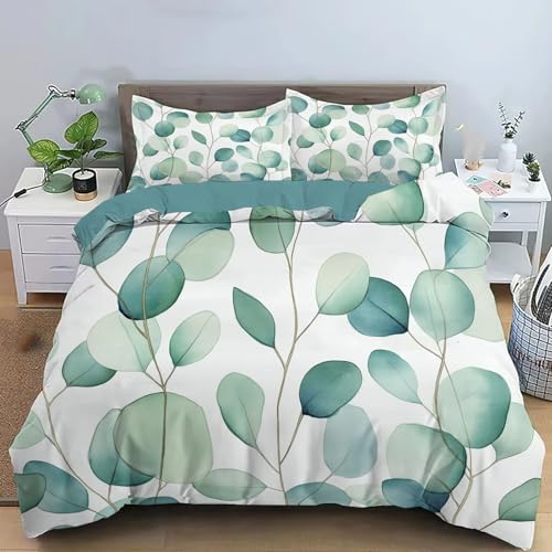 Housse de couette zippée turquoise motif eucalyptus en microfibre durable - 2