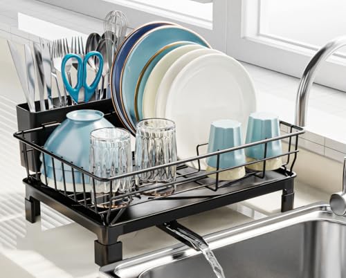 GSlife Dish Drying Rack for Kitchen Counter or in Sink - Small Dish Rack for RV and Small Apartment Counter Top Space, Compact Dish Drainer with Utensil Holder and Drain Spout, Black