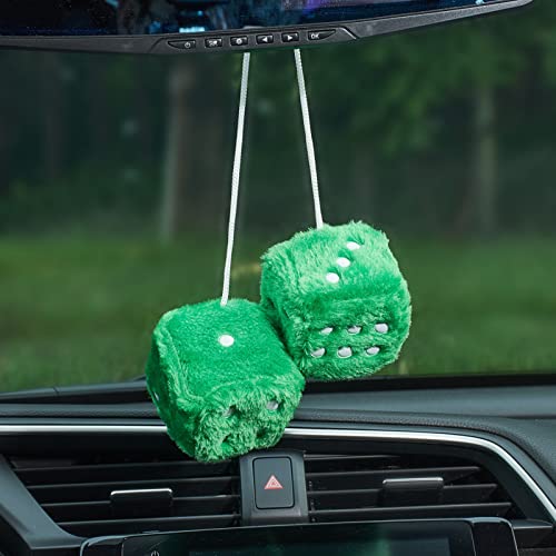 Image of 2.95'' Retro Fuzzy Plush Dice Car Charm Square Rear View Mirror Hanging Ornament Accessories, Green
