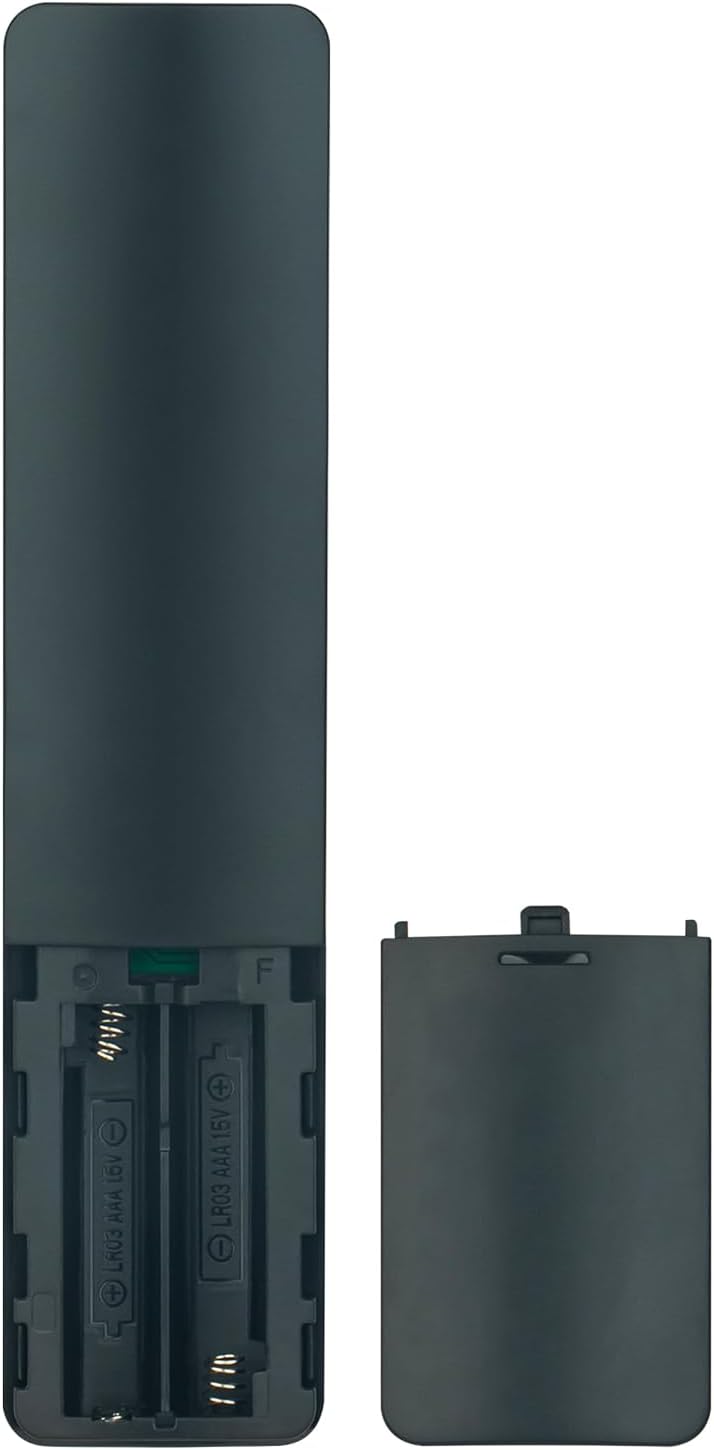 Back view of the remote control with the battery compartment open, showing two AAA battery slots.