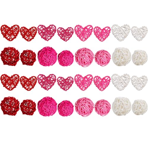 STMK 32 Pcs Valentine’s Day Heart Shaped & Round Rattan Balls Decorative, Multi Sizes Heart Shaped & Round Wicker Balls Decorations for Valentine’s Day Decor DIY Vase Bowl Filler Wedding Decorations