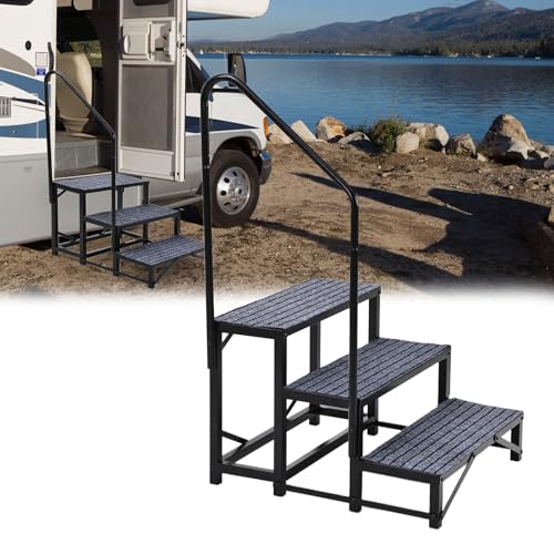 Marchepied supplémentaireérieur Camping-Car– capacité 300 kg, Surface antidérapante, Main Courante – idéal Caravane, Spa, Piscine, Animaux – Noir (3...