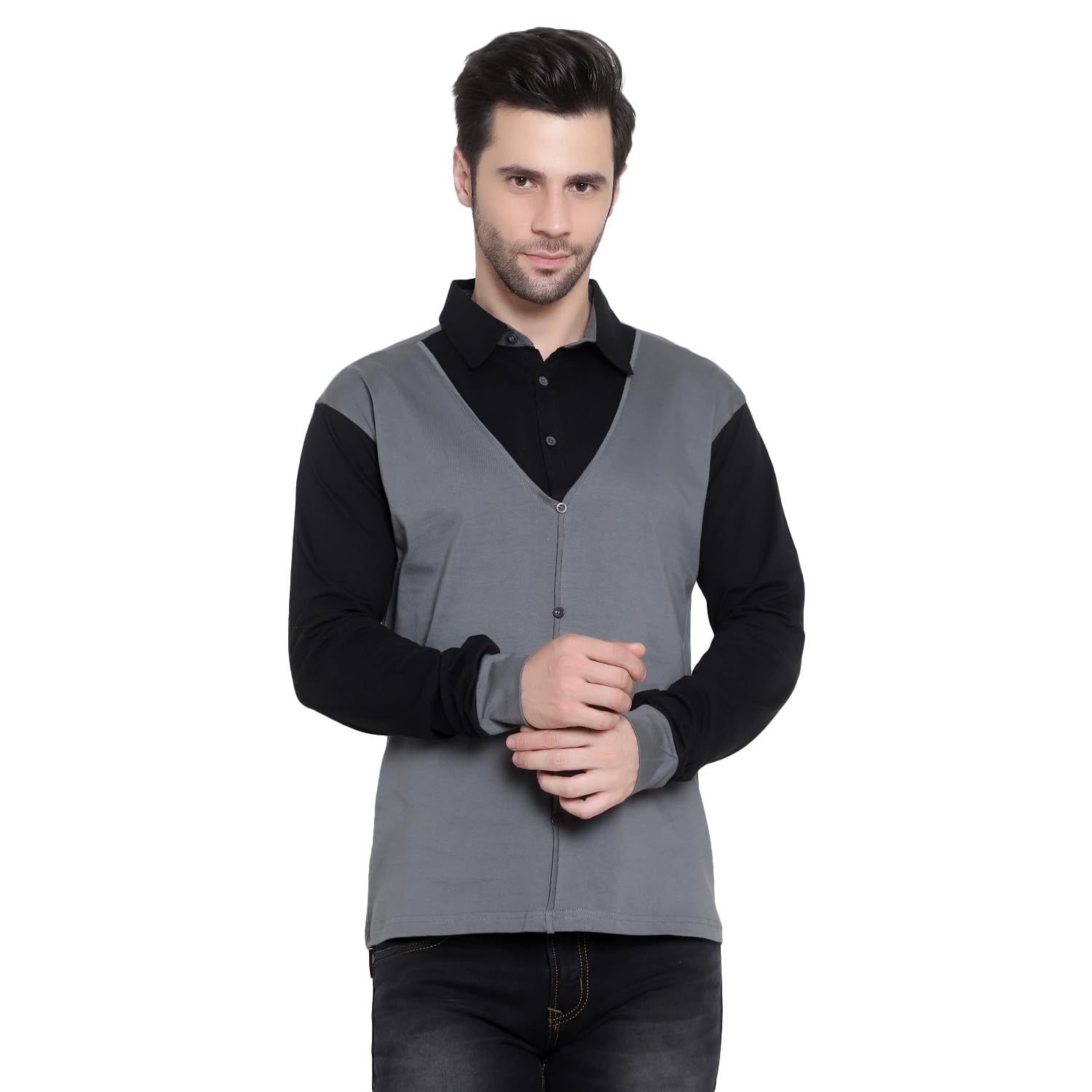 CARRYDREAMS Men's Slim Fit Color Block Collar Casual T-Shirt (Grey-Black)