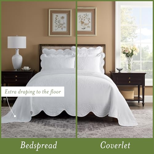 Image of Charleston Estate Modern Farmhouse Floral Matelasse Bedspread with Scalloped Edges, 100% Cotton Breathable Bedding, Full /Queen, White Floral