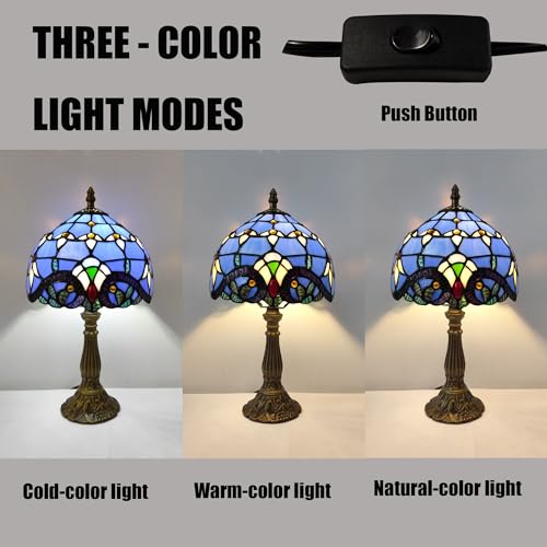 Image of Tiffany Table Lamp 3-Way Light Handmade Bedside Lamp Small Desk Night Lamp Stained Glass Antique 15inch Tall Desk Light for Home Office Bedroom Living Room Study Room, Blue