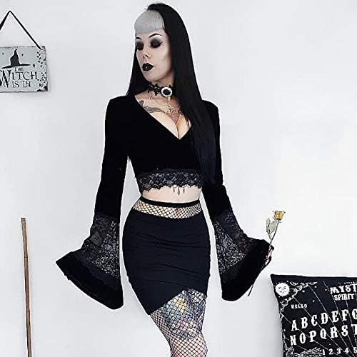 Women's Sexy Vintage Gothic Lace Flare Sleeve T Shirt Tops Hollow Out Retro Crop Tops for Halloween Party Festival - Image 4