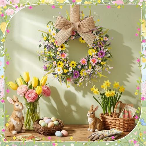 Image of Dingion 6 Pcs 6 inch Mini Spring Cabinet Wreaths Spring and Summer Wildflower Candle Rings Wreaths for Kitchen with Ribbon Small Floral Wreath for Window Door Farmhouse Wedding Decorations