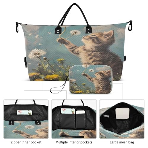 Cat Playing Dandelion Large Travel Duffle Bag Weekender Overnight Bags Gym Yoga Bag for Women Men with Toiletry Bag2