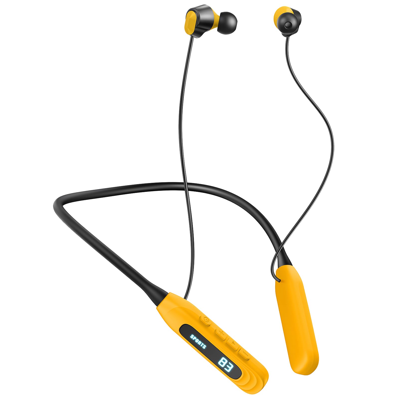Cuffie Bluetooth con archetto da collo, riproduzione 80 ore, auricolari in-ear wireless con microfono, resistenti al sudore, per sport, corsa, allenamento (giallo)