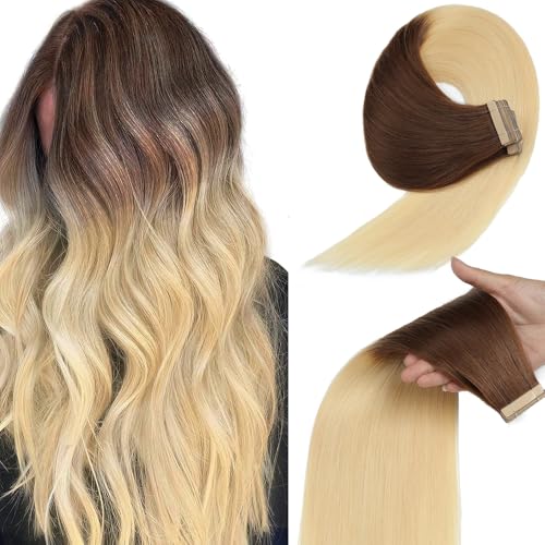 Image of YDDM 24 Inch Tape in Hair Extensions, 20pcs Straight Chestnut Brown to Bleach Blonde 100% Remy Human Hair Seamless Remy Tape in Hair Extensions Human Hair(T6 /613#, 24 Inch)