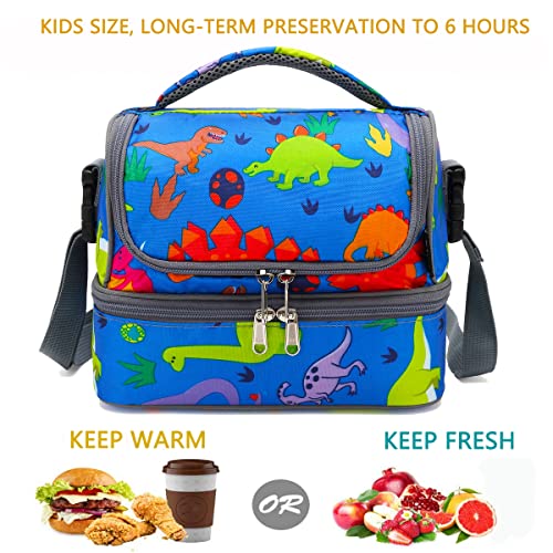 Flowfly Kids Double Decker Cooler Insulated Lunch Bag Large Tote For Boys, Girls, Men, Women, With Adjustable Strap, Dinosaur #TOP1