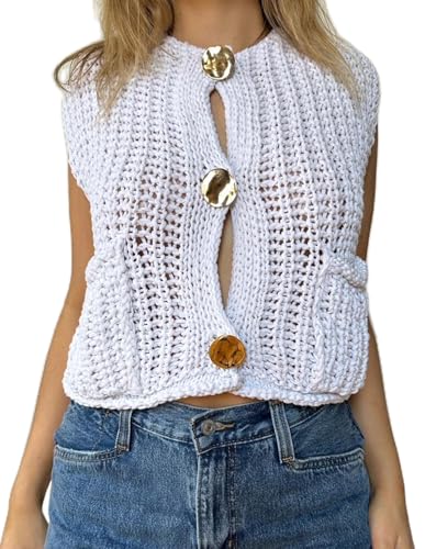 Image of UAURORAO Women Chunky Sweater Vest Button Down Crochet Cable Knit Cardigan Sleeveless Open Front Knitted Crop Waistcoat