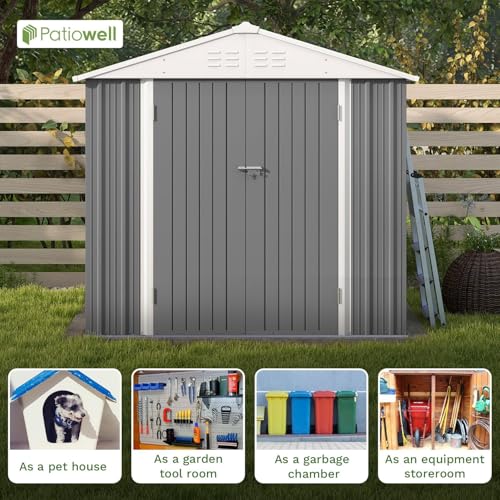Image of Patiowell 8x6 FT Outdoor Storage Shed, Garden Storage Shed | Metal Outdoor Sheds with Sloping Roof & Double Lockable Door for Backyard Garden Patio Lawn, Gray