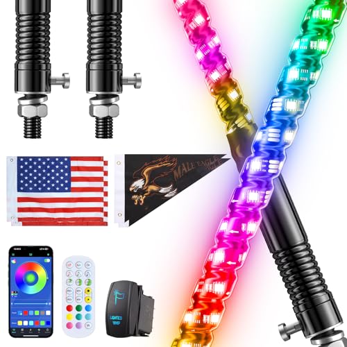 Image of Ehaho 2 PCS 2FT Whip Lights with Spring Base, APP & Remote Control Led Whip Lights for Side by Side, Spiral RGB Chasing Lighted Whips with Rocker Switch, Music Led Whips for UTV ATV RZR SXS Can-Am