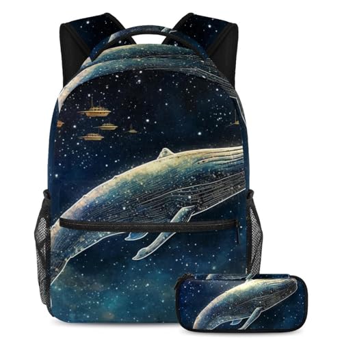 Grand sac à dos scolaire ciel étoilé bleu baleine avec trousse