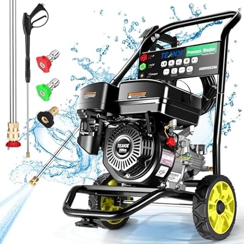TEANDE 3800PSI Gas Pressure Washer 2.6GPM Heavy Duty Power Washer Gas Powered with 209CC, 3 QC Nozzles, 25ft Hose, for Cleaning Car Driveways Fence Furniture, EPA/CARB/ETL Compliant, T5298-3800 Cover