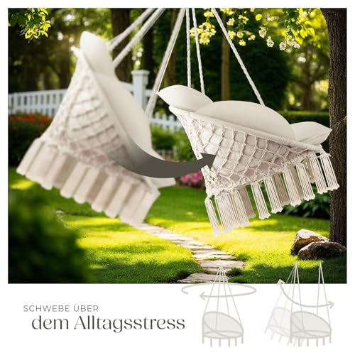 tectake® Hängesessel, Hängeschaukel mit dicken Kissen & Quasten, Boho Hängekorb Ø 80 cm, Hängesessel mit Gestell für Garten, Balkon und Wohnzimmer, Nestschaukel Outdoor & Indoor, Gartenstuhl - beige 4