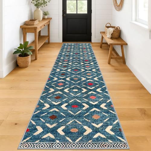 KILOCOCO Hallway Runner Rug 2.6'x12' Runners for Hallways Washable Runner Soft Non Slip Printed Geometric Low-Pile Rugs Runners for Bedroom Kitchen Living Room Boho Rugs, Teal/Blue