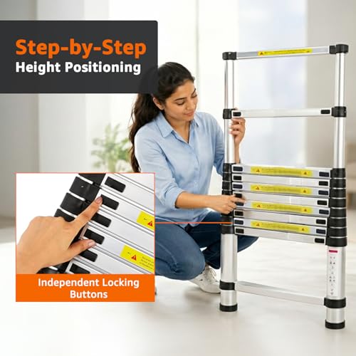 Image of Amazon Basics 5.1 m (16.73 ft) Foldable Telescopic Ladder | Aluminum 13-Step Portable Ladder | Space-Saving for Home Maintenance & Outdoor Tasks