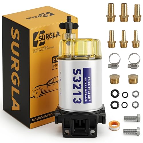 S3213 Fuel Water Separator Filter with Clear Bowl: 10 Micron Marine Fuel Filter Compatible with Yamaha/Mercury/Suzuki/Racor. Replaces 35-60494-1 18-7932-1. Installation Kit Screws Fittings & Clamps