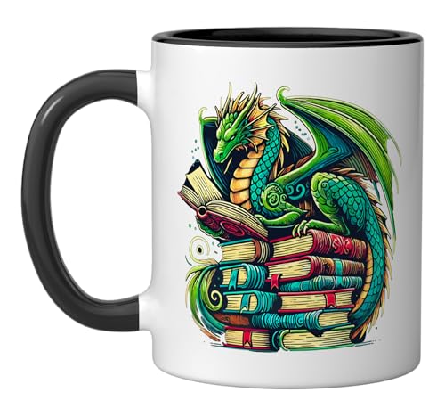 Book Dragon Reading lover Ceramic Mug, Black/White