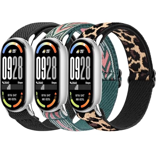 Oumida 3 Stück Elastisch Armband für Xiaomi Smart Band 8/9 / 10 Armbänder Damen Herren Robuster Metallkopf Verbessertes Nylon Uhrenarmband Sport Ersatzarmband für Xiaomi Mi Band 10/9/ 8