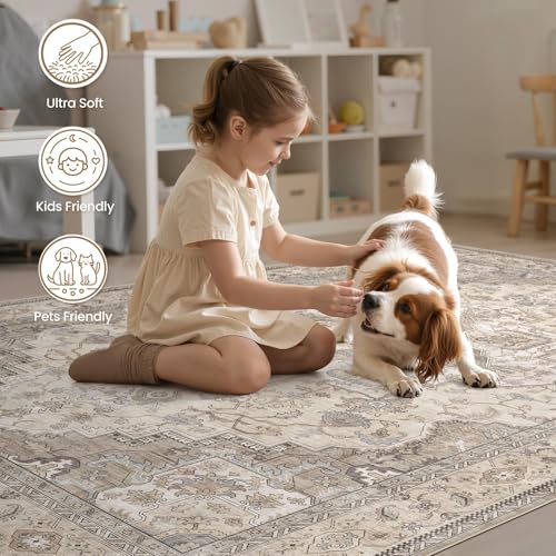 EIEIHOUSE Washable Area Rugs for Living Room - 7x9 Neutral Vintage Distressed Floral Farmhouse Boho Large Soft Floor Rug Indoor Non Slip Carpet for Living Room Bedroom Dining Room Office -Brown/Multi by EIEIHOUSE - Used condition - Image 5