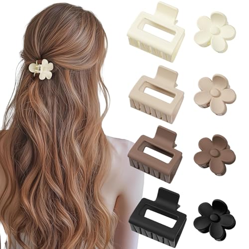 Image of Bakefy- 4+4 Matte Hair Clips for Women, Hair Claw Clips for Thin Thick Hair 2 Inch Rectangle Hair Claw Small Flower Clips Non-Slip Hair Accessories Ideal Gifts for Girls