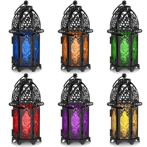 Mumufy 6 Pcs Moroccan Lanterns Ramadan Lantern Eid Decorations for Home Gold Lamp Decor Vintage Decorative Eid Mubarak Hanging Candle Lantern for Party Decor Indoor Outdoor (Black)