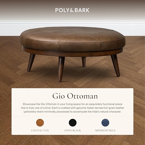 Image of Poly & BARK Gio Ottoman - 30 inch Round with Feather-Down Topper - Full-Grain Leather Upholstery - Couch Ottoman for Living Room - Vintage Italian Leather in Cocoa Brown