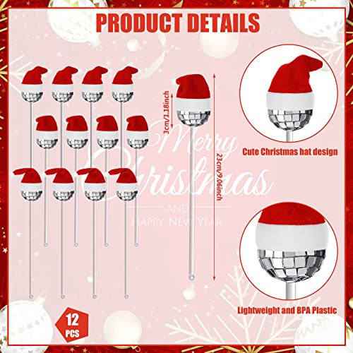 Christmas Mirror Disco Ball Cocktail Stirrers Glass Swizzle Stick Disco Decorative Straws Plastic Round Top Swizzle Sticks Christmas Hat Drink Stirrers For Beverage Bar Coffee Shop (Classic,12 Pcs) #TOP2
