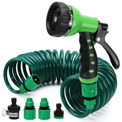 Gartenschlauch, Spiralschlauch 7.5 M Flexibler Gartenschlauch mit 8 Funktions Brause, Auslaufsicher und Druckbeständig für Autowaschen, Bewässern von Gärten und Duschen von Haustieren (Grün)
